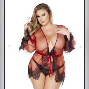 Roma Confidential Burgundy Red Black Sheer Eyelash Lace Robe Plus One Size Queen